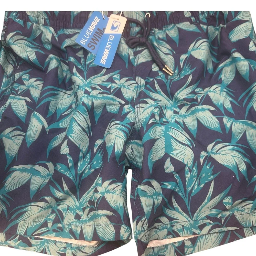 BlueWave Swim Trunks Men XL Blue Tropical Leaf Mesh Lined Drawstring Beach Short